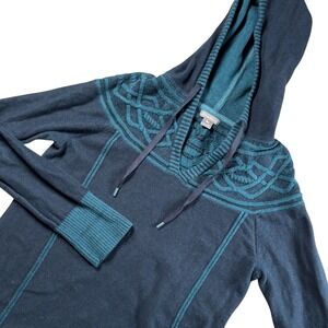 Eddie Bauer Womens Navy Teal Celtic Knot Hooded Pullover Sweater Sz M Fair Isle